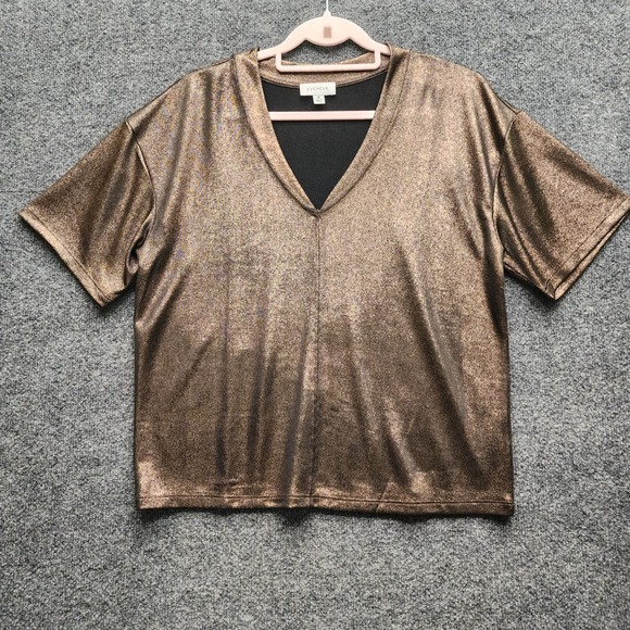 Evereve Tops - EVEREVE Metallic Foil V Neck Stretch Short Sleeve Party Top Women's Size M